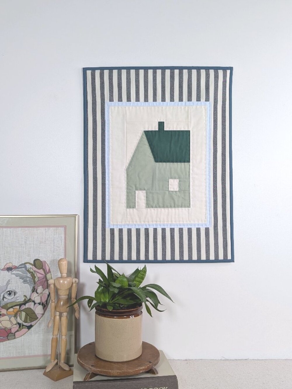 Hand Quilted Green House With Black and White Stripes 18.5 x 24
